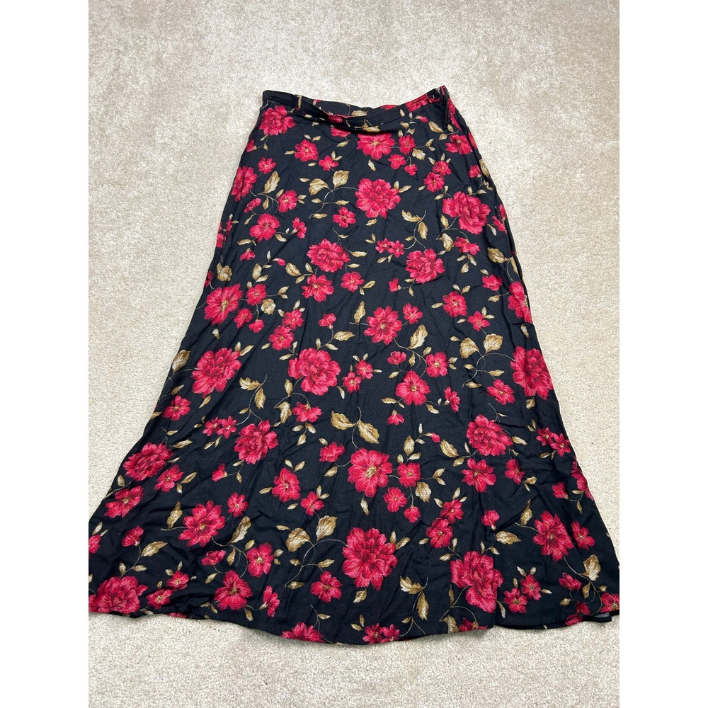 Worthington Vintage 90s Floral Maxi Skirt Black Red Rose Rayon Made in USA 10